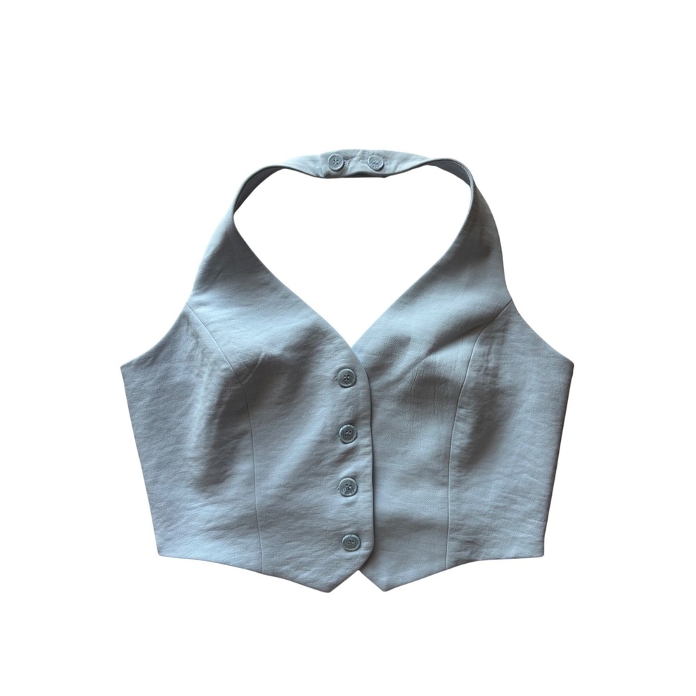 Christian Lacroix Light Blue Halter Neck Button Up Vest Cropped Top Womens